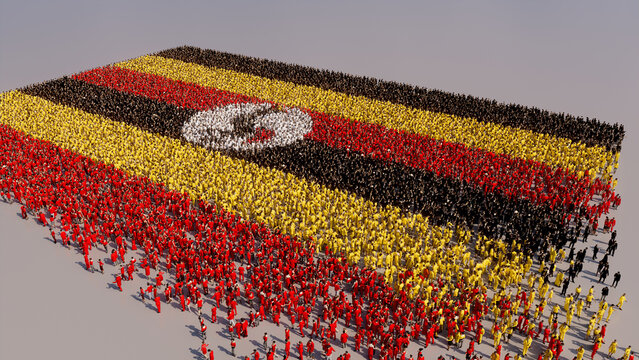 A Crowd of People coming together to form the Flag of Uganda. Ugandan Banner on White.