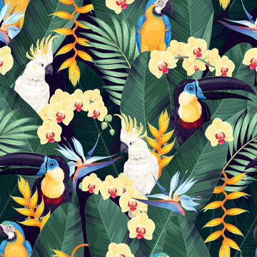 Seamless pattern with exotic flowers and birds