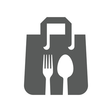 Food Delivery Black Vector Icon. Take Away, Take Out Shopping Bag With Spoon And Fork Filled Symbol.