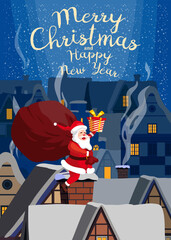 Merry Christmas Santa Claus delivering gifts by chimney poster