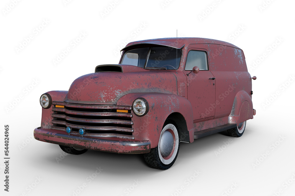 Poster 3d rendering of an old vintage american panel van with faded and peeling red paintwork isolated on t
