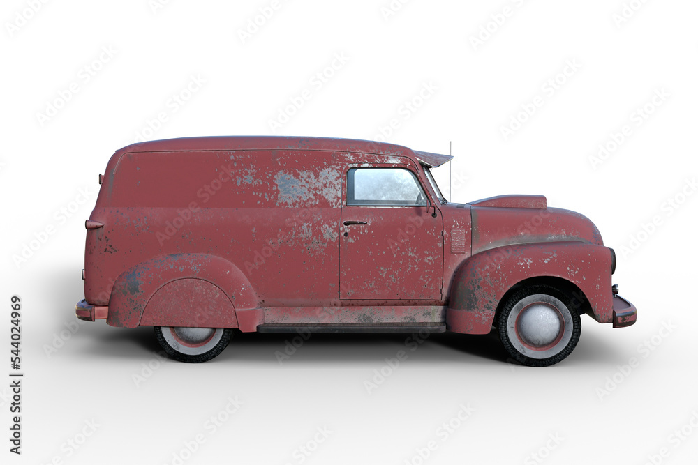 Poster side view 3d rendering of an old vintage american panel van with faded and peeling red paintwork iso