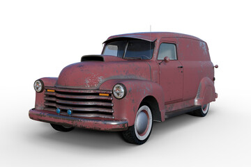 Obraz na płótnie Canvas 3D rendering of an old vintage American panel van with faded and peeling red paintwork isolated on transparent background.