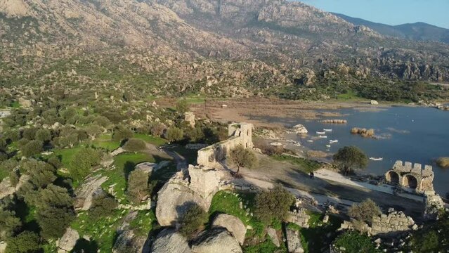 Aerial view of Lake Bafa is a lake and a nature reserve as well as the ruins of Heraclea by Latmus, Turkey