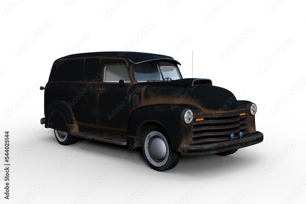 Poster 3d rendering of an old black retro american panel van isolated on transparent background.