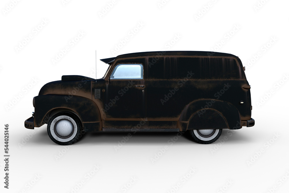 Poster side view 3d rendering of an old black retro american panel van isolated on transparent background.