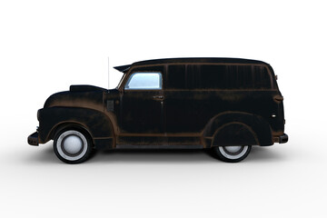 Side view 3D rendering of an old black retro American panel van isolated on transparent background.