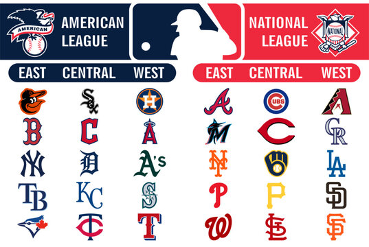 A set of vector logos of 30 Major Baseball league baseball teams. American and National Baseball League