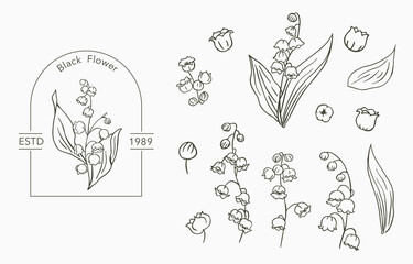 Line object collection with hand,magnolia,rose,lavender,jasmine,leaf,flower,sunflower