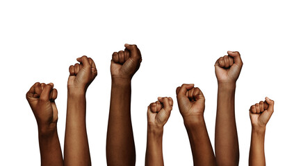 Group of raised fists isolated on a transparent background