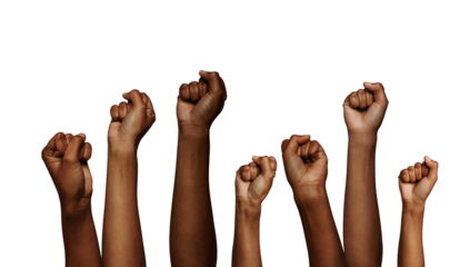 Group of raised fists isolated on a transparent background