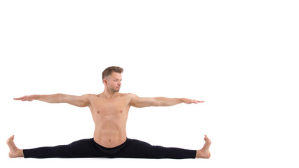 A cool stretch from an attractive athletic guy. White background.