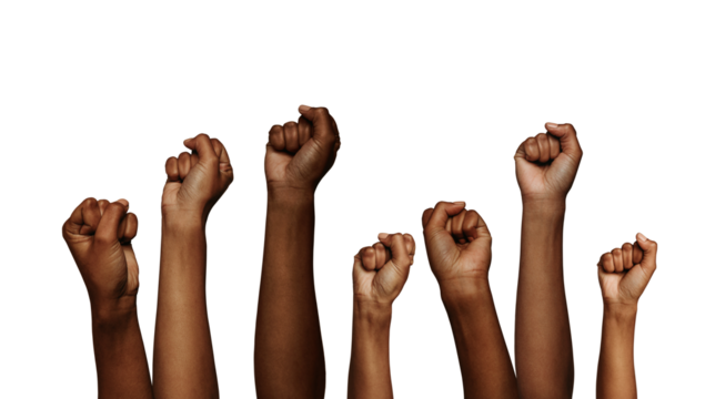 Group of raised fists isolated on a transparent background - Powered by Adobe