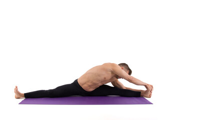 A cool stretch from an attractive athletic guy. White background.