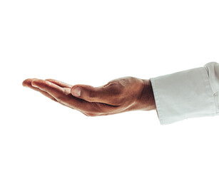 Business man holding out his hand on a transparent background