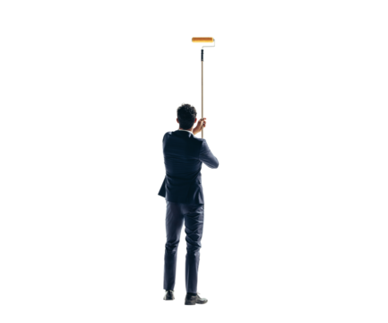 Rearview of a business man painting a wall with a roller on a transparent background