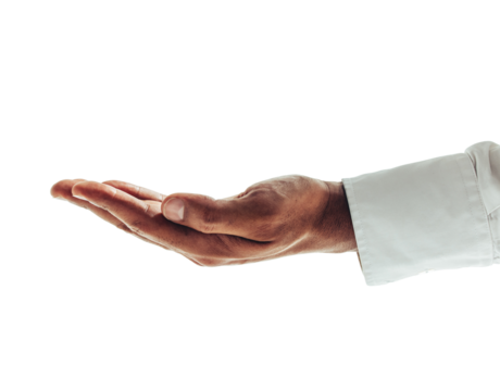 Business man holding out his hand on a transparent background