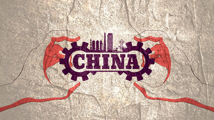 Hand holding China country name with energy generation , power supply, technology and industry relative icons.