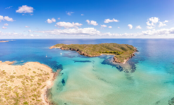 Spain, Balearic Islands, Menorca, Aerial view of Colom Island and sea