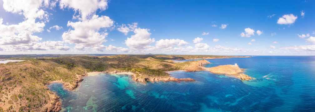 Spain, Balearic Islands, Menorca, Aerial panorama of Cala Tamarells des Sud and Cala Tamarells des Nord