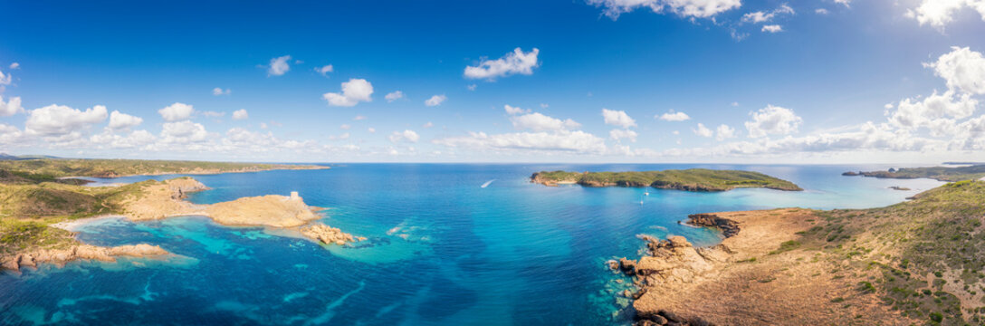 Spain, Balearic Islands, Menorca, Aerial panorama of Colom Island and surrounding landscape