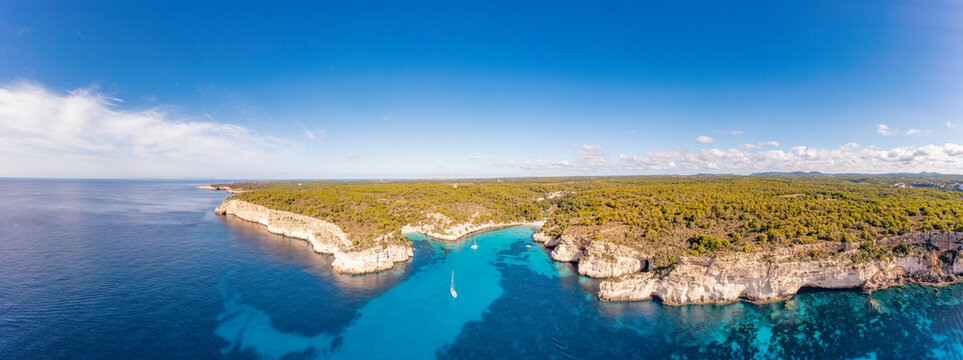 Spain, Balearic Islands, Menorca, Aerial panorama of Cala Macarelleta and Cala Macarella