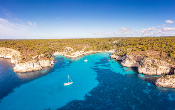 Spain, Balearic Islands, Menorca, Aerial panorama of Cala Macarelleta and Cala Macarella