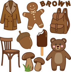 Learning colors. Brown color flashcard for kids with different brown pictures.