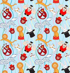 Animal circus seamless pattern for kids. Childish background. Funny modern style design for fabric, textile, apparel, wallpaper, wrapping paper. Vector illustration isolated on blue background.