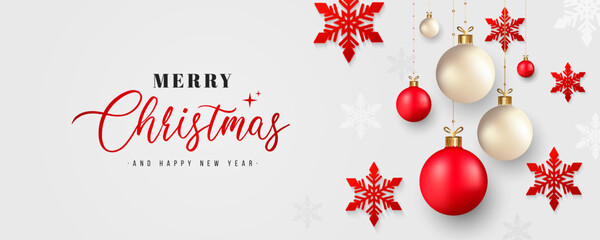 Merry Christmas and Happy New Year banner. Hanging realistic christmas balls on white background. Elegant red and white snowflakes. Holiday greeting card. Vector illustration