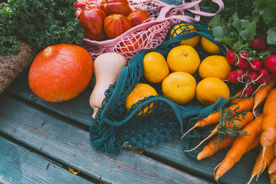 Fresh fruit and vegetables on table