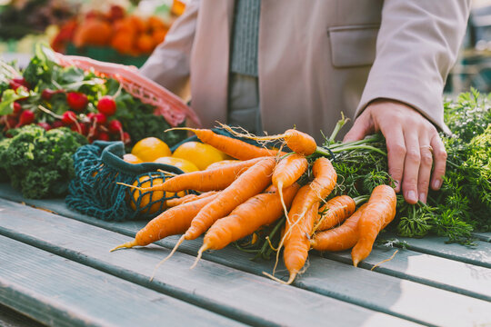 Hands of woman on bunch of carrots at table