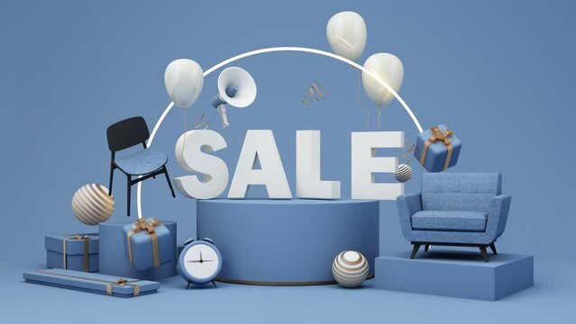 Flash sale banner template Special offer discount concept Sale of home decorations and furniture During promotions. surrounded by sofas chairs and advertising spaces. pastel background. 3d render