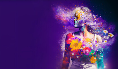 Woman's Day concept double exposure with woman silhouette and colorful flowers 3d rendering