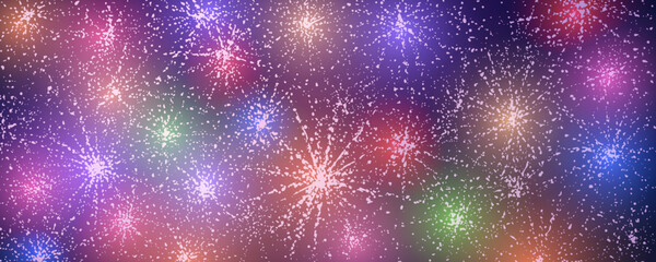 Vector multicolored fireworks on purple background. - 544029189