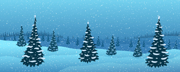 Winter nature landscape. Fir trees in falling snow blizzard - 544029514