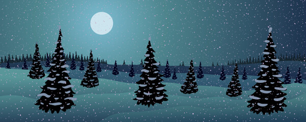 Vector illustration. Night winter blizzard landscape. fir trees, snowdrifts and moon. - 544029519
