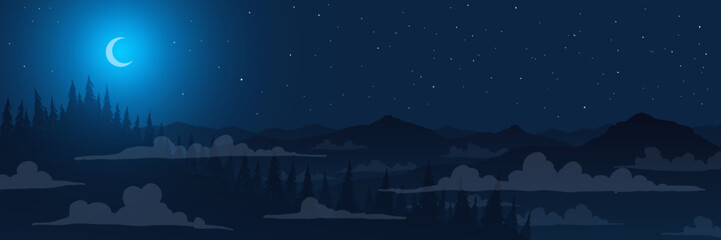 Night in mountains vector abstract landscape. Moon among stars and clouds.