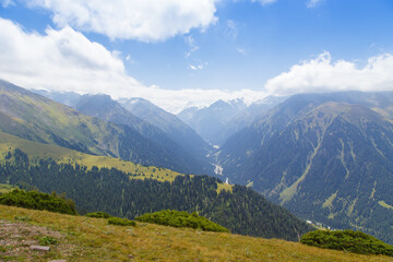 Mountain summer landscape. Snowy mountains and green grass. Peak Karakol Kyrgyzstan. Beautiful view from the top of the mountain