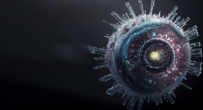 Virus Cross Section, Microscopy Concept Of Viral Structure, Vaccine Targeting Of Virus Infection, Flu, Influenza And COVID-19 SARSC-OV-2  Spike Receptors Analysis 3d Rendering