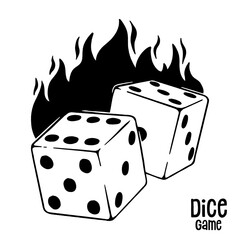 Dice on fire Illustration, hand drawn doodle, vintage style.