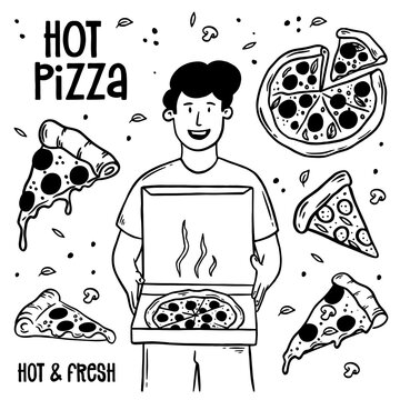 Hand drawn doodle Hot pizza. Doodle vector.