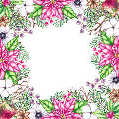 Fototapeta na wymiar Watercolor backgrounds with pink and white Christmas plants