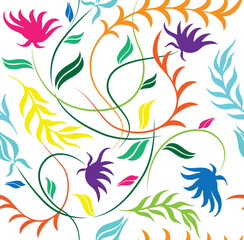 Fototapeta na wymiar Colorful tropical floral abstract ornament. Vector illustration isolated on white background. Seamless pattern with leaves. Botanical texture in bright colors. Wrapping and textile print design.