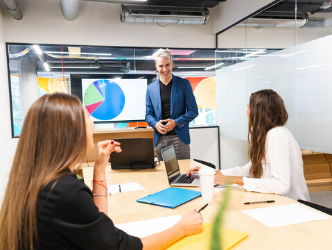 Smiling businessman giving presentation in front of colleagues in office