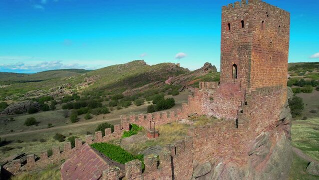 Aerial view above the ruins of the Castillo de Zafra in Aragon Spain	