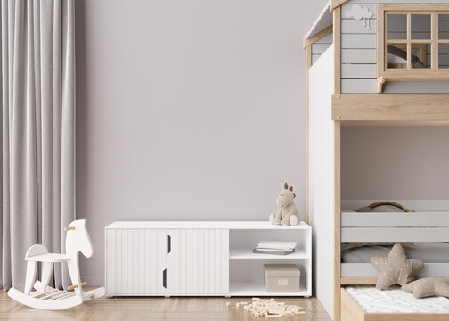 Empty gray wall in modern child room. Mock up interior in contemporary, scandinavian style. Copy space for your artwork, picture or poster. Bed, sideboard. Cozy room for kids. 3D rendering.