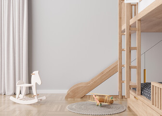 Empty gray wall in modern child room. Mock up interior in contemporary, scandinavian style. Copy space for your artwork, picture or poster. Bed, rocking horse. Cozy room for kids. 3D rendering. © Creative_Bird
