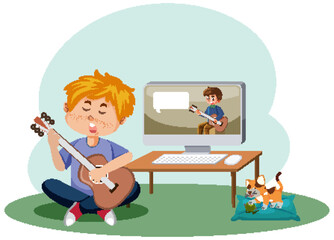 A boy learning to play guitar through online class