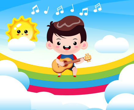 Cartoon Happy Cute Boy Playing Guitar On Rainbow